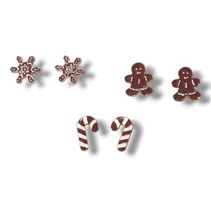 Holiday Stud Earring Set Gingerbread Snowflake Candy Cane Gold Tone Brown